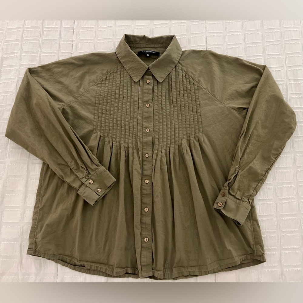 Ilse Jacobsen Hornbæk Olive Green Pintuck Cotton Blouse Button Down Size Medium